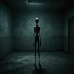 a long thin monster standing in a liminal space, found footage, backrooms, scary