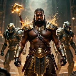 kanye west, god of thunder, greek god, in mortal kombat, gears of war, mythology, fantasy, splash art, movie still, cinematic lighting, dramatic, octane render, long lens, shallow depth of field, bokeh, anamorphic lens flare, 8 k, hyper detailed, 3 5 mm film grain