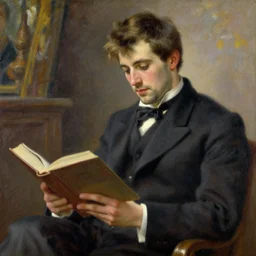 attractive man reading a book, painting by tom of finland, john william waterhouse, claude monet