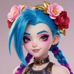 cute little portrait of jinx with flowers in her hair wearing makeup, blue, light pink, gold and red color scheme. highly detailed, league of legends, artgerm, cushart krenz, artstation, soft light, sharp focus, illustration, character design, concept art