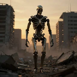 dark picture of a metalic terminator exoskeleton walking on a destroyed city, 8 k, uhd, gloomy background, golden hour, 5 0 0 mm