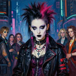 close up portrait of a punk goth girl posing in a punk goth outfit fluorescent cyberpunk futuristic city by mario testino, oil painting by canaletto hieronymus bosh leonardo da vinci piero della francesca botticelli