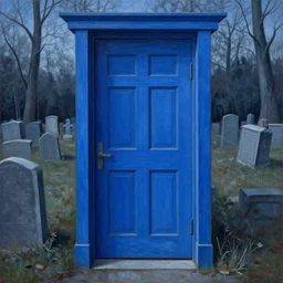 painting by zdzislaw beksinski of a door, zyklon blue, detailed, far shot, graveyard