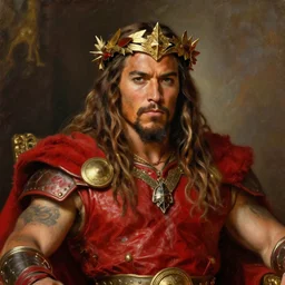 beautiful closeup portrait oil painting, jason momoa conan the barbarian wearing a golden wreath crown in royal crimson spartan armor enthroned as the god emperor of ancient rome, mid - shot, by anders zorn, wonderful masterpiece by greg rutkowski, beautiful cinematic light, american romanticism, by thomas lawrence, greg rutkowski