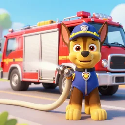 marshall from paw patrol standing next to his fire truck holding a water hose in his hands to extinguish the high flames of the burning house in front of him, movie poster, 8 k, trending on artstation, octane render, volumetric smoke and shadows