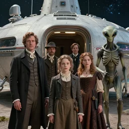 still from a sci fi blockbuster movie made in 2022, set in 1860, of a family leaving a spaceship, that has just landed on an alien planet, wearing 1850s era clothes, a humanoid alien stands nearby, cinematic lighting, 4k, in focus faces, oscar winner, high quality photography