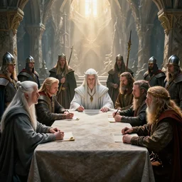 white council in rivendel with one representative of the elfs, magicians, humans, dwarves and hobbits around a table and elven foot soldiers escorting them, epic masterpiece of cinematographic hyperrealism, detalles faces, realistic shaded lighting poster by craig mallismo, artgerm, jeremy lipkin and michael garmash, unreal engine, radiant light, detailed and intricate environment, digital art, art station trends