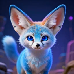 blue fennec facing camera, blue eyes, realistic, epic, neon, cartoon 2 d