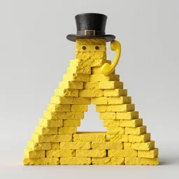 a yellow triangle made of bricks with a top hat answering a phone, hyperrealism