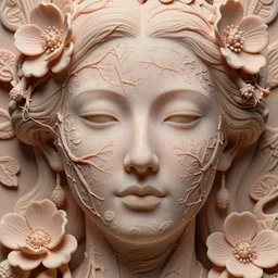 beatifull frontal face portrait of a woman, 1 5 0 mm, flesh, flowers, veins, arteries, symmetric, intricate, golden ratio, full frame, microscopic, elegant, highly detailed,, ornament, sculpture, elegant, luxury, beautifully lit, ray trace, octane render in the style of peter gric, alex grey and romero ressendi