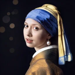 A studio photo of the girl with a pearl earring, 50 years old, bokeh, 90mm, f/1.4