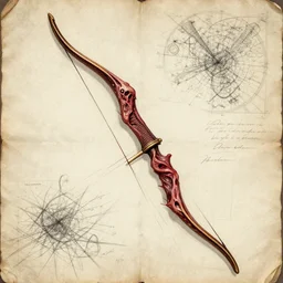technical drawing of a cursed bow made of human flesh, weapon design, delicate, detailed map, notes, scribbles, old paper