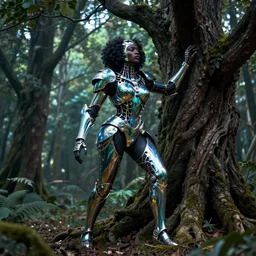 hyperrealistic post - baroque super expressive! black woman with exoskeleton armor, merging with tree in a forest, highly detailed digital art masterpiece smooth cam de leon eric zener dramatic pearlescent blue green light ground angle hd 8 k sharp focus