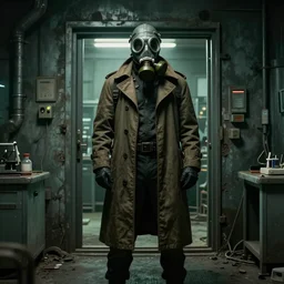 UHD hyperrealistic photorealistic detailed image of a man in a longcoat, wearing a full-head gasmask, inspired by the Stalker video game series standing in front of an laboratory door, in a ruined and dark underground lab with a green undertone by Ayami Kojima Amano Karol Bak, Greg Hildebrandt and Mark Brooks