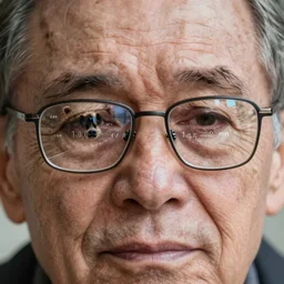 photo close up of a sad old man wearing glasses, in the relection of the glasses you can see a brown bear ( eos 5 ds r, iso 1 0 0, f / 8, 1 / 1 2 5, 8 4 mm, postprocessed,, crisp face, facial features )