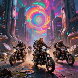 psychedelic post apocalyptic orcish biker gang, scifi city ruins, sharp focus, psychedelic colors, artstation