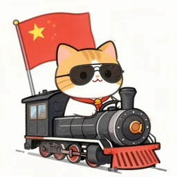 anime doodle of a chibi chinese cat with aviator glasses as a driver of a steam locomotive, chinese communist propaganda