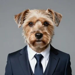 photo of a humanoid dog, portrait, human with a dog face, wearing a suit, human eyes