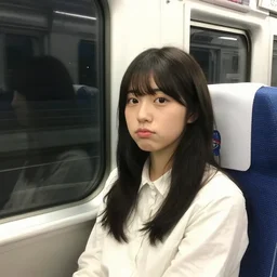 photo of a young japanese woman on a train at night