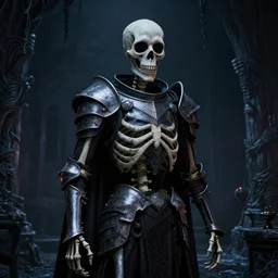 Realistic cinematic of a dark crypt scene with a living skeleton wearing armor, highly detailed, inspired by Tim Burton, Unreal Engine 4k