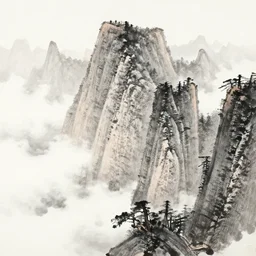 intricately detailed, soaring mountain peaks, white clouds, chinese painting style, ink painting, ink landscape painting