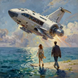 walking across the sea of tranquility, a highly detailed cinematic oil painting by roger dean and alena aenami, crashed spaceship!!, dynamic lighting