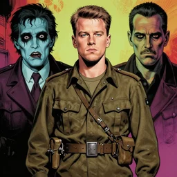 colorful horror comics style by bernie wrightson, beksinski ; real life full portrait by artgerm ; matt damon as an american world war 2 sergeant delirious while writing letter creepy table lamp, all alone at night, haunted cabin, year 1 9 4 2, scary, 8 k hdr, creepy intricate dramatic lighting, insanely detailed