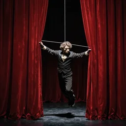 puppet on string behind red curtains, an album cover, dark ambiance, realism