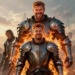 stunning portrait of ( ( laughing ) ) ( ( ( ( copper haired chris hemsworth ) ) ) ) as destruction from sandman looking like kristofer hivju!!, medival armour!!, fire!!!, by jeremy mann, by frank moth, at dawn, jeff easley, alphonse mucha, dave mckean, soft lightning, high detailed, 8 k
