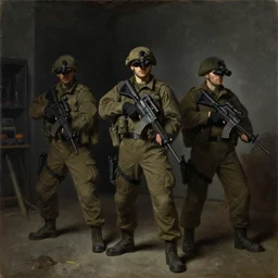 american soldiers with nightvision posing in a dark room, oil painting by rembrandt, masterpiece, detailed