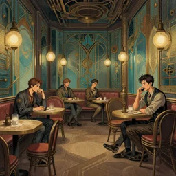illustrated portrait interior steampunk cafe, modern art deco, colorful, mads berg, christopher balaskas, victo ngai, rich texture, detailed, muted colors, dynamic composition, matte print, wide angle, ( ( stippled light ) )