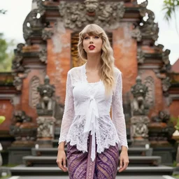 taylor swift wearing kebaya bali in bali. temple background. front view. instagram holiday photo shoot