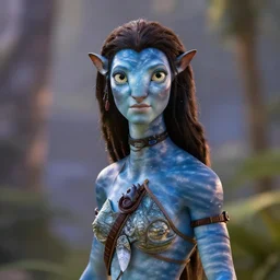 A studio photo of Avatar’s Neytiri, bokeh, 90mm, f/1.4
