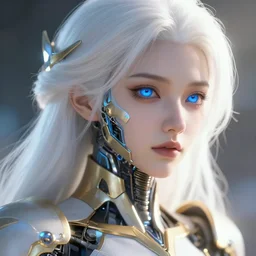 detailed portrait of perfect white haired girl, android, warframe armor, beautiful, dreamy, pretty face, blue cyborg, eyes, scifi, 4 k, blue, gold, sun yunjoo, ultra realistic, aura of light, cinematic lighting, highly detailed, sharp focus, masterpiece, art by won kim