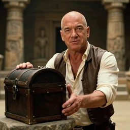film frame of jeff bezos taking a trasure from an ancient temple. indiana jones style 4 k quality rule of thirds jeff bezos dressed as indiana jones detail cinematic color grading by christopher nolan. portrait photography. close shot