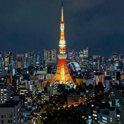tokyo at night, raining, bright lights,  painting by John Berkey