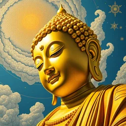 a geof darrow and victo ngai art work. a close up view of a sci - fi chinese buddha statue. waves of stars and clouds. ultra clear detailed. golden spiral