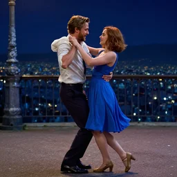 a cinematic still of ryan gosling and emma stone dancing in the night in the movie lalaland ( 2 0 1 6 ), evening, highly detailed matte painting, hayao miyazaki, artstation
