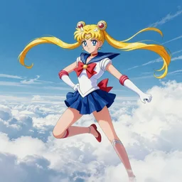 Sailor Moon is floating in the clouds, in style of Sascha Schneider