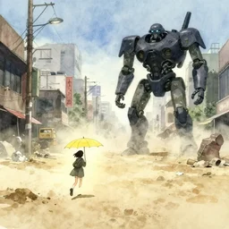 incredible wide screenshot, ultrawide, simple watercolor, paper texture, katsuhiro otomo ghost in the shell movie scene, backlit distant shot of girl in a parka running from a giant robot invasion side view, yellow parasol in deserted dusty shinjuku junk town