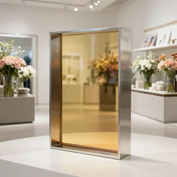 flower retail store, minimal, stainless steel and color glass, frame magazine, archidaily, sculpture object, contemporary art