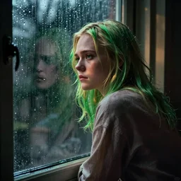 photo of Elle Fanning with green hair looking sadly out a window on a rainy night photographed by Jill Greenberg