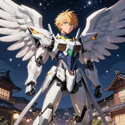 portrait of anime angelic mecha robot armor, japanese town background, starred night sky, sharp details, great lighting, strong shadows, crisp edges, illustration concept art anime key visual trending pixiv fanbox by wlop and greg rutkowski and makoto shinkai and studio ghibli and kyoto animation, alphonse mucha and caravaggio