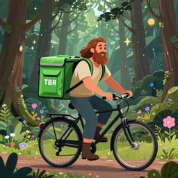 a bearded and long haired bicycle food delivery worker with a green bag on his back in ireland, he has boots, in a mystical forest full of wonders, pine trees, magical atmosphere, trending on artstation, 30mm, by Noah Bradley trending on ArtStation, deviantart, high detail, stylized portrait
