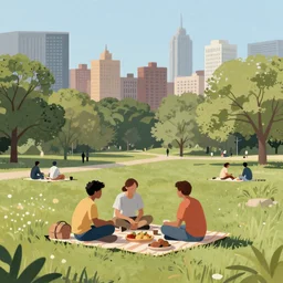 people having a picnick in a city park on a clear day, in primitive art style