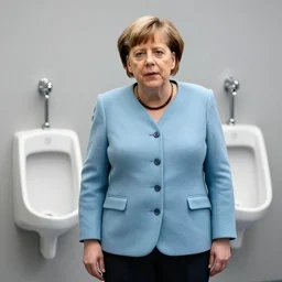 angela merkel standing in front of a urinal