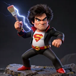 bob ross dressed as a superhero, standing on rocky ground, angry expression, detailed face, lightning behind, dark background, action pose, holding a paintbrush, ultra - detailed, ultra - detailed, intricate, detailed shadows and textures, 8 k, action pose, art by beksinski