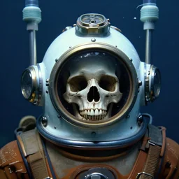 skull inside a deep sea diving helmet
