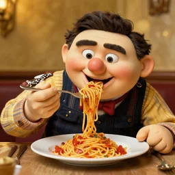 ernest eats spaghetti, jim varney, hyperrealistic, volumetric golden dappled dynamic lighting, highly detailed, sharp focus, by victo ngai, artgerm