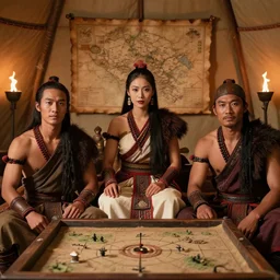 close - up portrait of three smart and handsome tai warriors sit around pretty - face and beautiful tai warlord who sit on the thone in tai ancient war traditional tent, with strategical sandbox on the woonden table and old leather map on the wall, minimal interior decoration, light from bonfires and torches, high - detailed face, detailed and intricate environment, 1 9 3 0